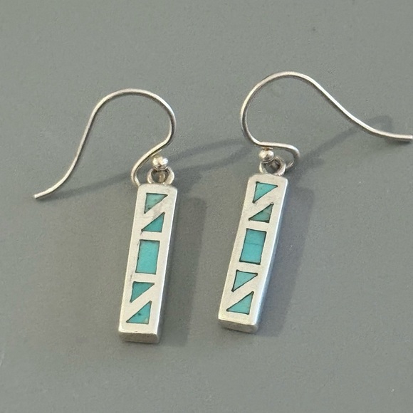 Southwestern Jewelry - Southwestern Turquoise Inlay Sterling Silver Bar Drop Earrings